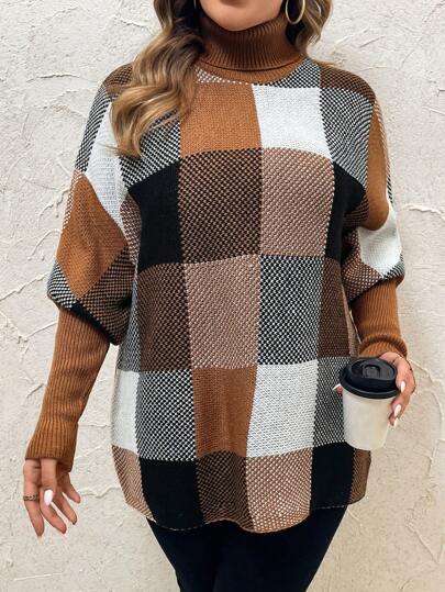 SHEIN VCAY Plus Size Loose Fit Turtleneck-tröja med rutigt mönster,Polotröja,Vinterklänning för damer,Höstkläder Curve,Gå-ut-tröjor,Landstoppar,Basic-tröja,Snygga,Hösttröjor