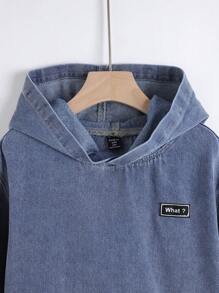 SHEIN 青少年男孩时尚休闲蓝色复古拼接细节设计舒适连帽长袖牛仔帽衫，酷炫感恩节装扮日常穿着及秋冬季节穿着。 - 藍色 - 查看 6