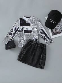 SHEIN Young Girl Korean Style Outfit, Vintage Newspaper Print Long Sleeve T-Shirt Top + Street Style Cargo Pocket Skirt, 2 Pieces Set, Spring/Autumn