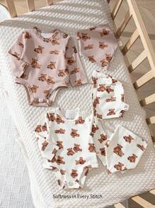 Cozy Pixies Ensemble de 5 pièces pour bébé fille: Bonnet en maille avec oreilles 3D d'ours de bande dessinée doux, bodies, bavoir, convient pour le printemps/automne, intérieur, extérieur, décontracté, fête du premier mois et autres occasions