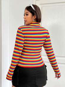 SHEIN EZwear 大码女式时尚彩色条纹高领 T 恤，秋季