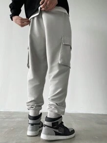 Claim Dot Men's Solid Color Drawstring Waist Cargo Pocket Tapered Leg Casual Pants - Light Grey - View 2