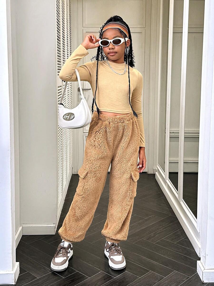 Tween Girls Fashionable Knitted Long Sleeve Top And Reversible Fleece Pants Set, Casual - Brown - View 1