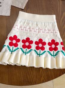 2pcs Baby Girls Autumn/Winter Vintage Floral Round Neck Long Sleeve Sweater And Ruffle Hem Mini Skirt Set, Stylish & Comfy Casual Outfit