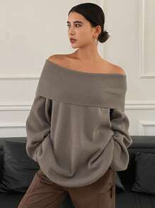 DAZY 1 Áo len dài tay trễ vai màu trơn rộng rãi cho nữ, Quần áo mùa thu cho nữ - Xám - Xem 3