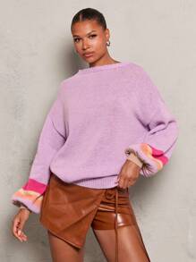 Glamine Loose Raglan Crew Neck Women's Color Blocking Pullover Sweater, Autumn/Winter Knit Pullover Fall Outfit - Purple - View 7