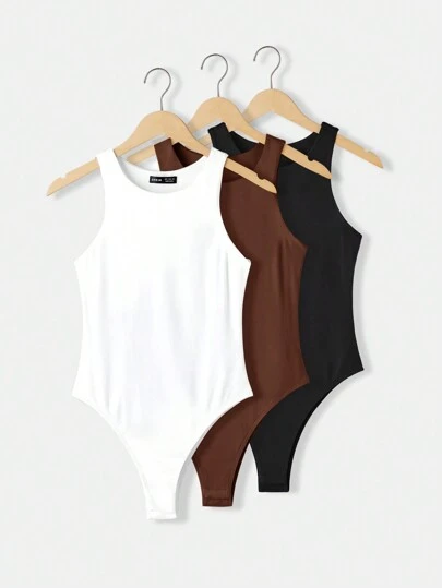 SHEIN BASICS Set de 3 bodys de punto de unicolor con cuello redondo, sin mangas y ajustados para mujeres, bodys cómodos y elegantes para adolescentes