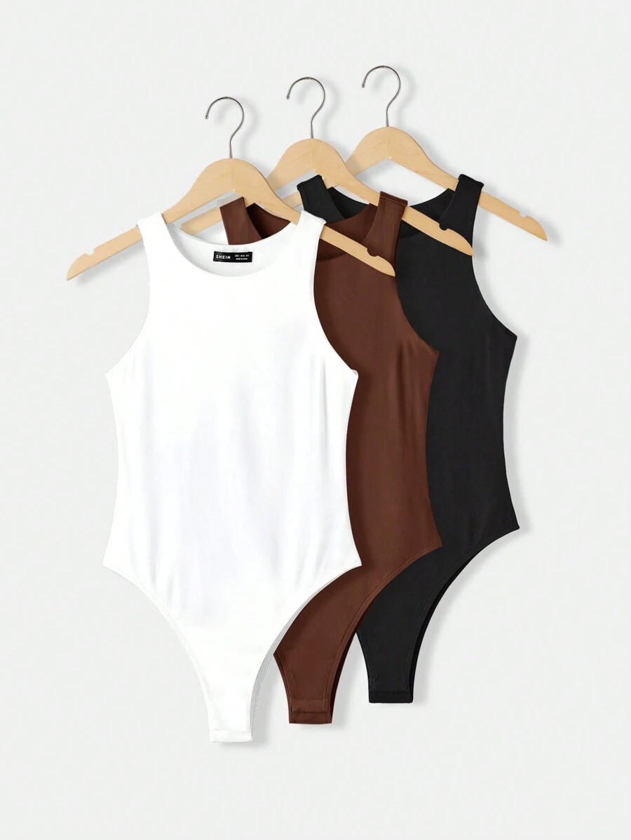 SHEIN BASICS Bộ 3 món/Bộ đồ liền thân dệt kim cổ tròn không tay bó sát màu trơn cho nữ, đồ liền thân ấm cúng sang trọng cho thanh thiếu niên - màu nâu - Xem 1