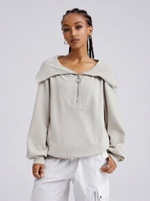 SHEIN EZwear Women's Fall/Winter Casual Quarter Zip Baggy Navy Leader Sweatshirt - Grey - View 4