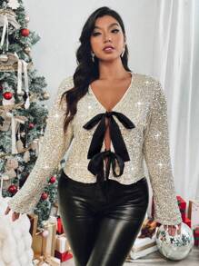 Roveilla 大码女式前结长袖亮片宽松衬衫