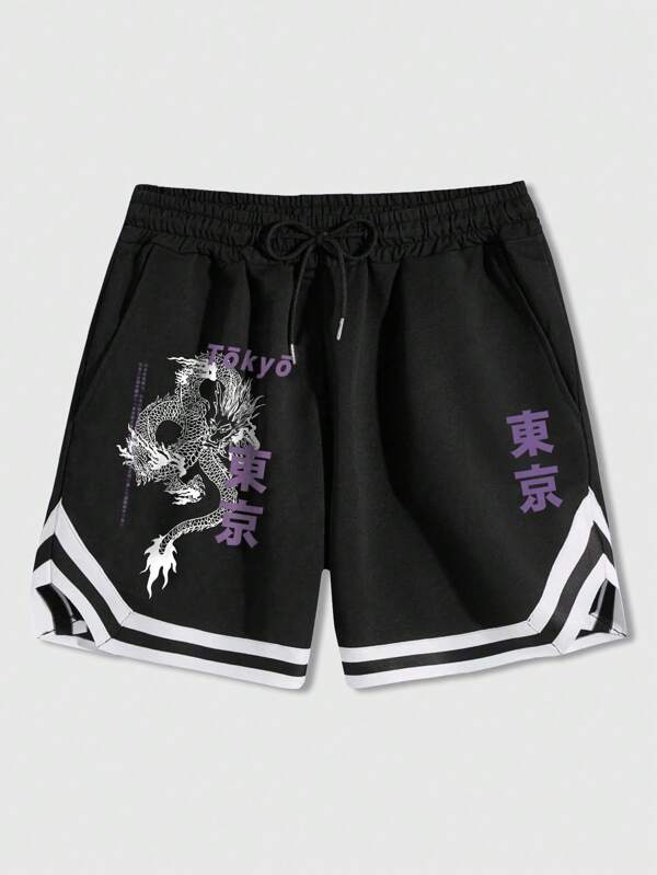ROMWE MEN Anime Men Letter Dragon Graphic Drawstring Waist Basketball Shorts, School