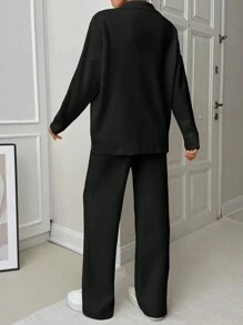 EURMUSE Woman Loose Fit Comfy Warm Thick Polo Neck Sweater And Pants Co-Ords Two Piece Set - Black - View 2