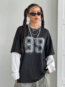 StreetHx 女士数字印花圆领长袖时尚二合一 T 恤，秋季图案 T 恤女式上衣，适合春季服装