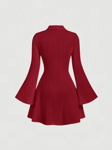 SHEIN MOD Váy len tay loe dệt kim gân trắng giản dị và đa năng dành cho nữ, mùa thu/đông - Đỏ - Xem 2