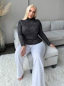 SHEIN SXY Áo thun cổ đứng dệt kim họa tiết màu xanh lá cây cỡ lớn cho nữ, trang phục thường ngày thoải mái cho mùa thu/đông - màu đen - Xem 1