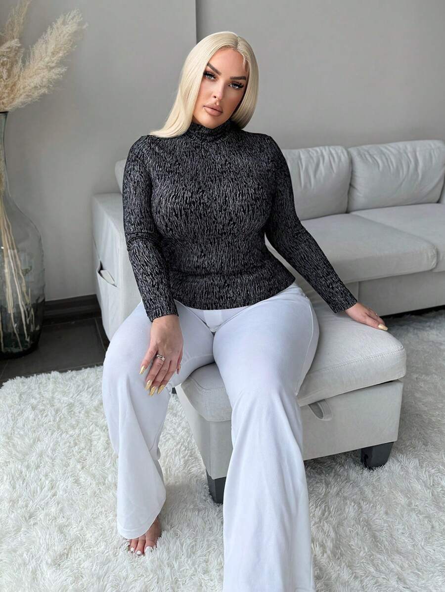 SHEIN SXY Áo thun cổ đứng dệt kim họa tiết màu xanh lá cây cỡ lớn cho nữ, trang phục thường ngày thoải mái cho mùa thu/đông - màu đen - Xem 1