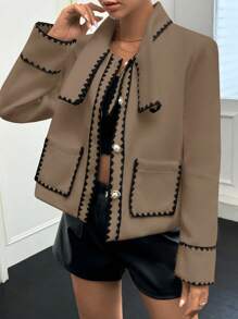 SHEIN Privé Ladies' Casual Notched Collar Front Button Pocket Coat, Autumn - Coffee Brown - View 5