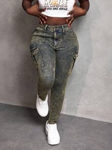 Slaydiva Jeans casuales skinny con bolsillos utilitarios para mujer - Mostaza Amarilla - Ver 6