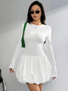 SHEIN EZwear Women's Trumpet Sleeves Bubble Mini Dress - White - View 4