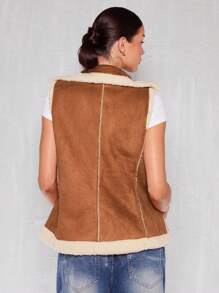 Glamine Charming Christmas One Piece Women's Spliced ​​Suede Contrast Color Sleeveless Double-Breasted Large Lapel Brown Casual Jacket Suitable For Outing Street Fashion Women's Winter Overcoat Festival Workplace Office - Brown - View 2