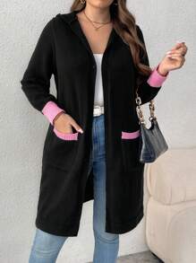 SHEIN LUNE Chaqueta informal tipo cárdigan de manga larga con bolsillo tipo canguro, cuello con capucha y ribete de contraste de talla grande