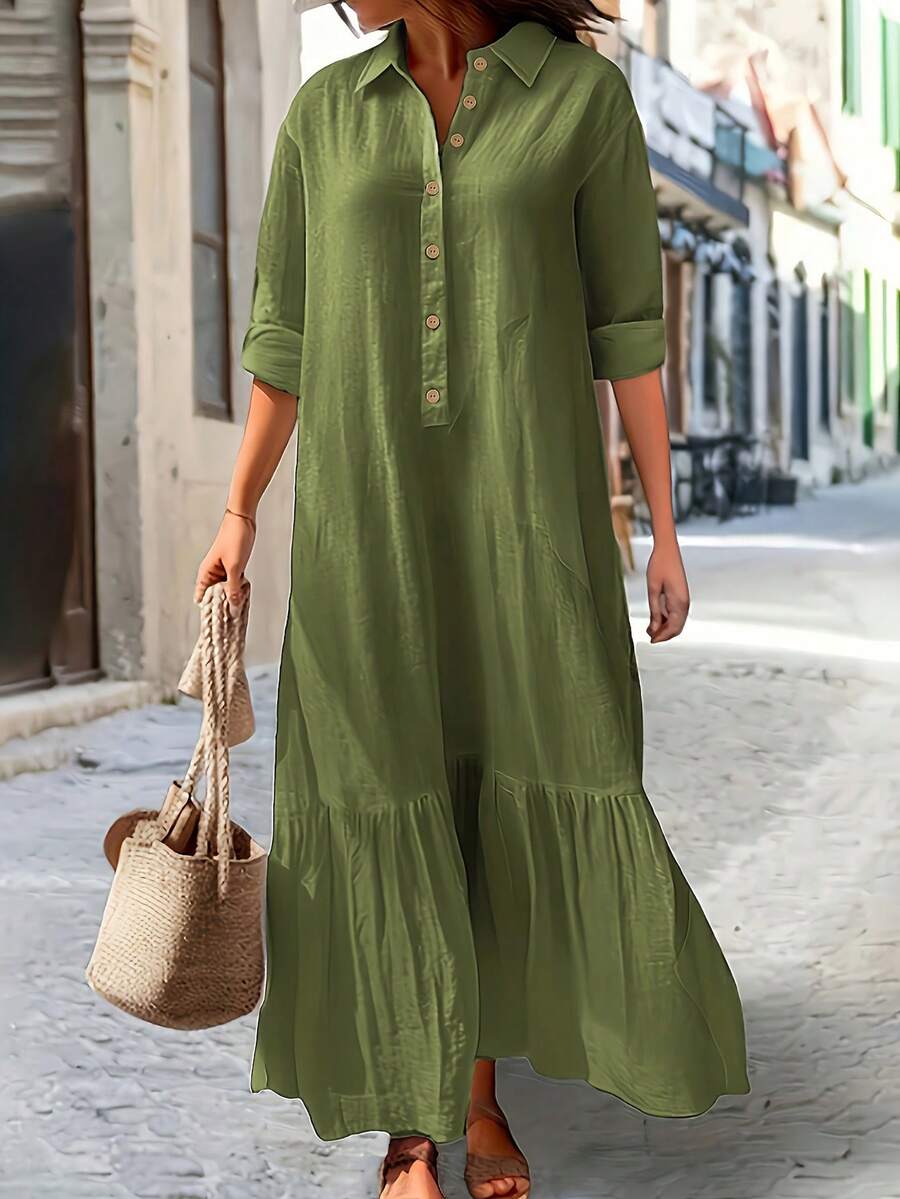 Plus Size Women Solid Color Drop Shoulder Long Sleeve Button Half-Placket Ruffle Hem Casual Shirt Dress, Autumn - Dark Green - View 1