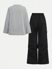 Girlism Conjunto de 2 piezas para niña preadolescente: Camiseta de manga larga oversize con estampado de personajes de moda urbana de primavera, otoño y deporte casual; y pantalones overol de pierna ancha - Multicolor - Ver 2