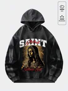 ROMWE MEN Street Life Sudadera con capucha estilo vintage y desgastada con estampado de caballo, estilo streetwear para hombre
