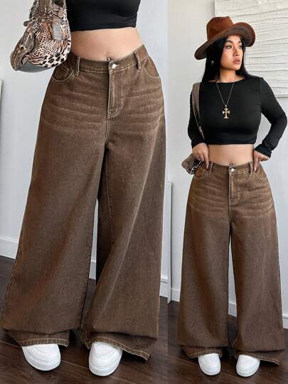 Dripcurv Jeans tipo novio de pierna ancha con lavado vintage retro, sólido, de tiro alto, para otoño e invierno, de estilo casual y suelto, talla grande