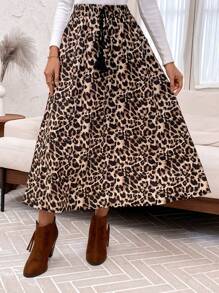 EMERY ROSE Women Tie Front Fringe Detail Leopard Print A-Line Casual Skirt - Brown - View 1