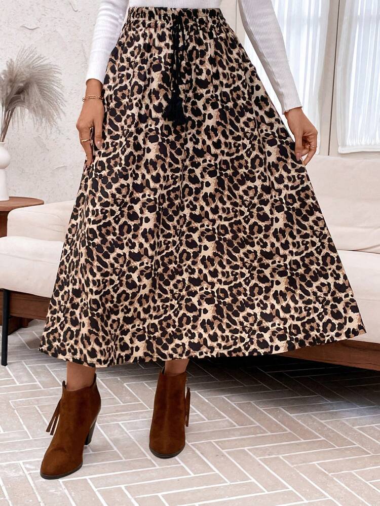 Women Tie Front Fringe Detail Leopard Print A-Line Casual Skirt