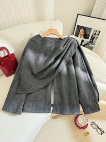 SHEIN Privé Plus Size Solid Color Wrap-Around Slit Elegant Long Sleeve Coat, For Winter - Grey - View 8