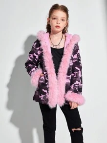 SHEIN Jaqueta de Gola Felpuda e Acolchoada em Estampa de Camuflagem para Meninas Pré-Adolescentes, Roupa de Outerwear Felpuda e Estilosa Para Outono/Inverno