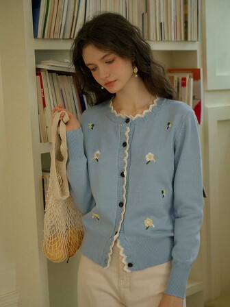 Simple Retro Women's Standing Collar Colour-Crossing Lace Embroidery Cardigan