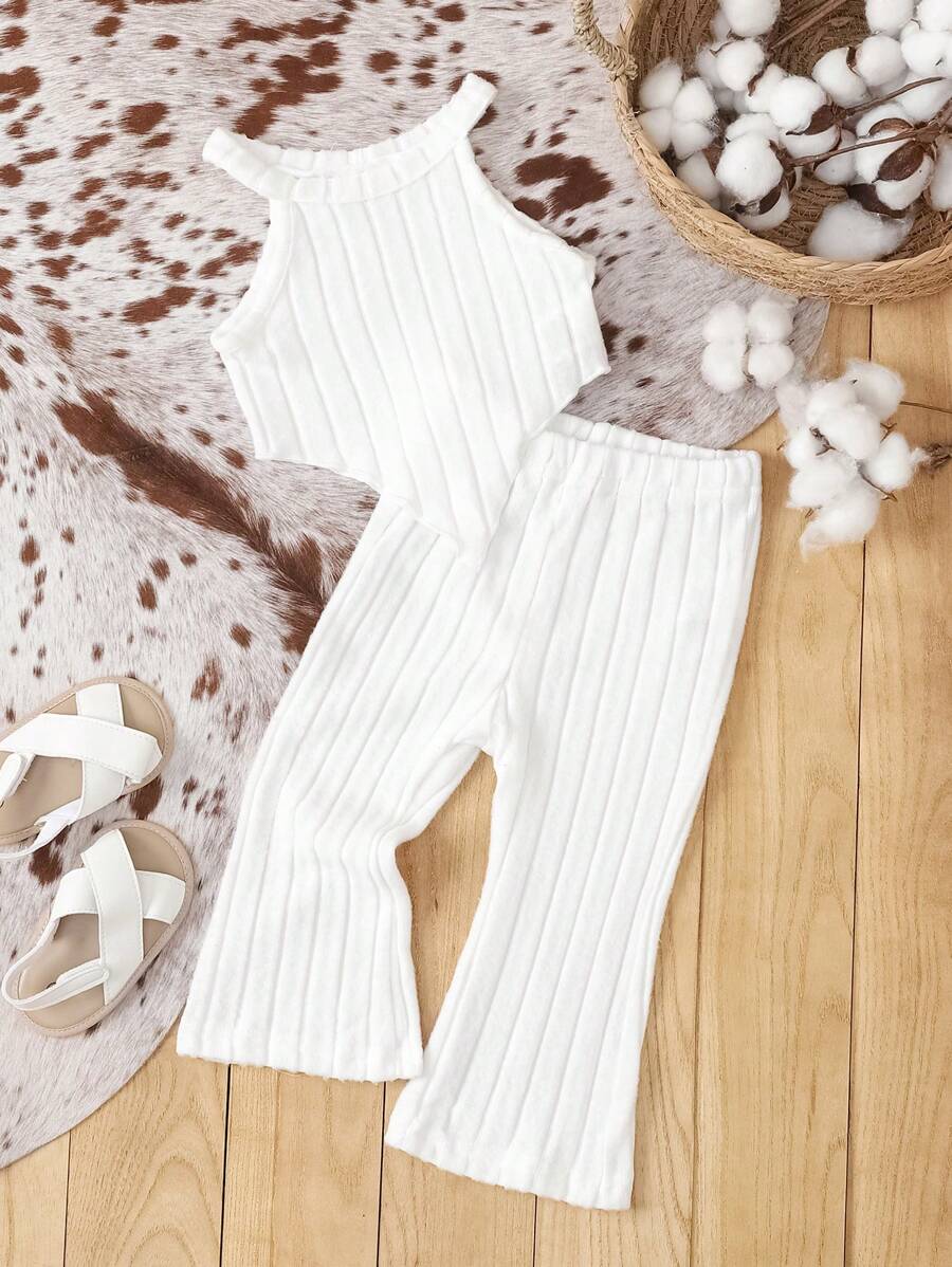 SHEIN 女婴休闲罗纹设计衬衫和喇叭裤两件套 - 白色 - 查看 1