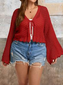 SHEIN VCAY Plus Size Women Front Tie Solid Color Drop Shoulder Long Sleeve Cropped Cardigan, Autumn - Red - View 5