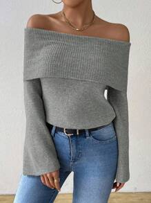 RosyDaze Autumn/Winter New Fashionable Solid Color Rectangular Off Shoulder Sweater Top Knit Pullover Fall Outfit - Dark Grey - View 4