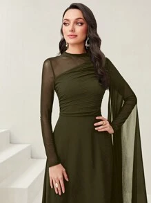 Modelyn Women's Round Neck Long Sleeve Mesh Contrast Ruffle Maxi Elegant Dress Long Evening Dresses - Army Green - View 5