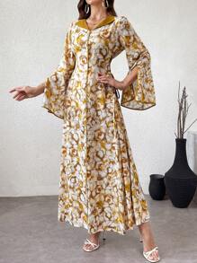 Al Najma 女式花卉印花拼色饰边 V 领长袖 Abaya 连衣裙，端庄优雅的全长超长侧系带领 Jalabiya 适合日常休闲/居家/旅行/度假/派对 - 黃色 - 查看 5