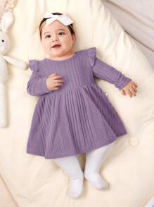 SHEIN 新生女婴休闲纯色针织弹力长袖连衣裙 - 淡紫色 - 查看 4