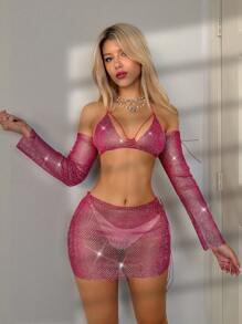 EgrlEra Conjunto sexy de 2 piezas de top corto de red con escote halter y falda mini transparente con mangas largas, para fiestas y festivales - Rosa Fucsia - Ver 1