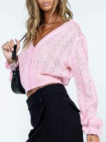 INAWLY Áo len cardigan ngắn cổ chữ V cho nữ, màu hồng dễ thương, phù hợp cho mùa thu, đông và xuân - Màu Hồng baby - Xem 4