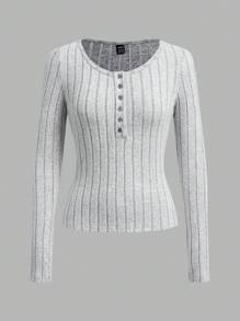 SHEIN EZwear 3 Packs Women Solid Knit Button Half Placket Long Sleeve Casual T-Shirt, Spring/Summer