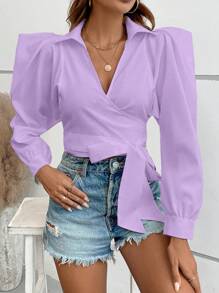Breezaya 女士纯色泡泡袖长袖系带时尚衬衫，秋季女士衬衫 - 紫色 - 查看 1