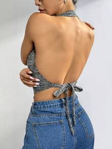 Muchica 女士性感风格全印花扭纹后背短款露背上衣，夏季 - 灰色 - 查看 2