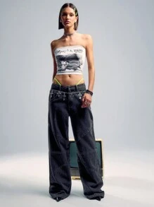 TypaGal Washed Panelling Wide Leg Loose Fit Jeans - Black - View 3