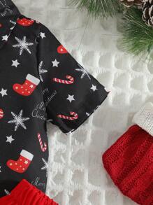 SHEIN Baby Boy Bowknot Decor Snowflake Print Short Sleeve Shirt & Shorts Casual Set, For Christmas - Red - View 6