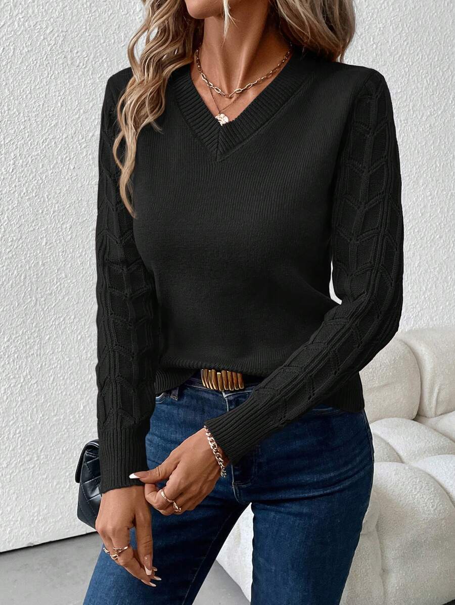 SHEIN Clasi 女士简约纯色 V 领长袖毛衣，休闲日常穿着，秋冬季，长袖上衣 - 黑色 - 查看 1