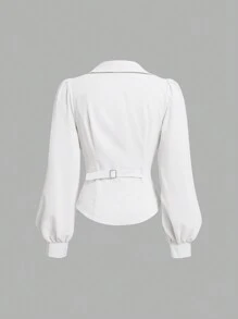 SHEIN MOD Plus Size Women's V Neck Wrap Front Blouse With Lantern Sleeve