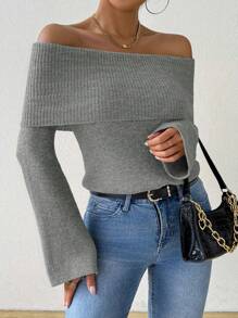 RosyDaze Autumn/Winter New Fashionable Solid Color Rectangular Off Shoulder Sweater Top Knit Pullover Fall Outfit - Dark Grey - View 3